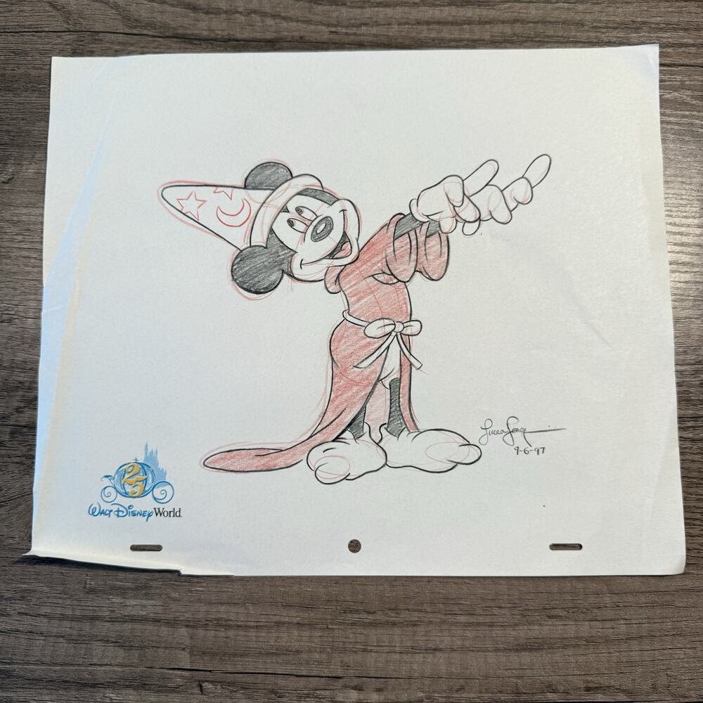 Walt Disney Drawing On Old Paper Signed & Stamped, vtg art 1997 Mickey Sorcerer